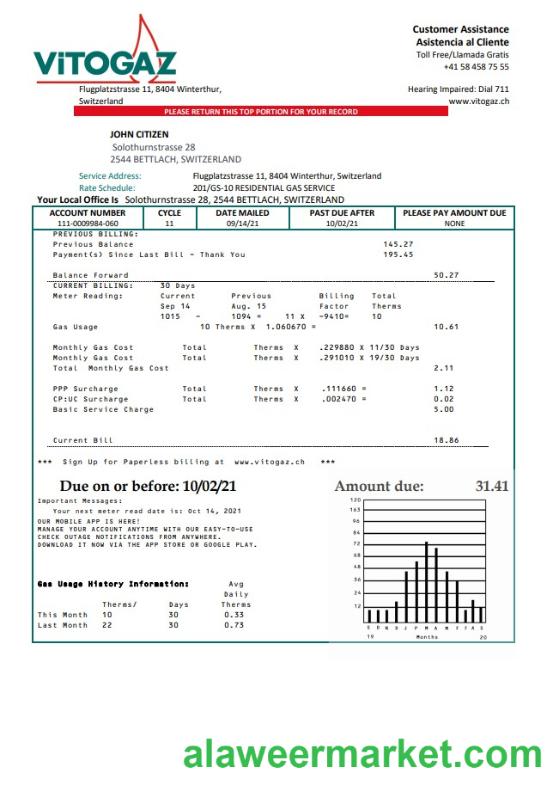 Switzerland Vitogaz Switzerland AG utility bill template, fully editable in Word and PDF format